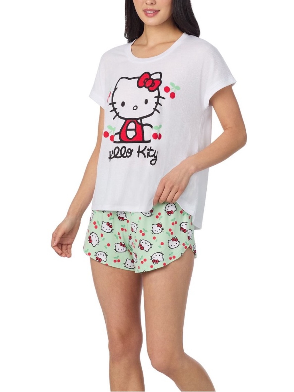 Hello Kitty White Top & Mint Cherry Shorts Pajama Set NWOT xl